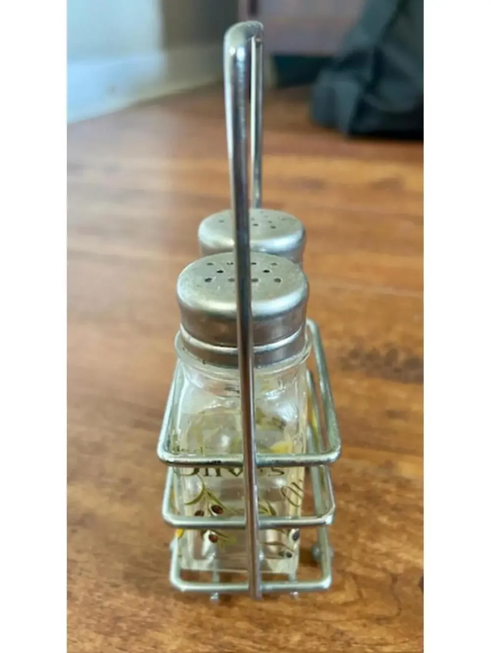 Vintage Glass Salt & Pepper Shakers w Metal Carrier Decorated w Herbs Bottles